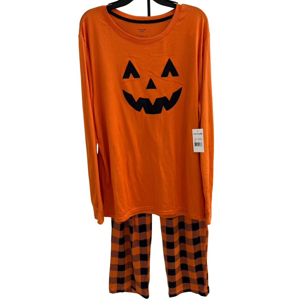 Dream Life Halloween Pumpkin Pajama Set Orange Black Plaid L DLM-3051